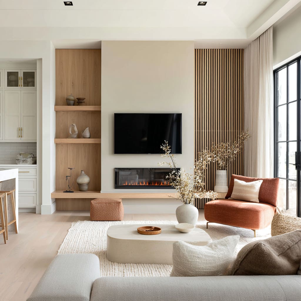 Living room decorating ideas with slat panel with floating ledge, pale ceramics, pebble furniture, and sheer drapery Living room decorating ideas with slat panel with floating ledge, pale ceramics, pebble furniture, and sheer drapery