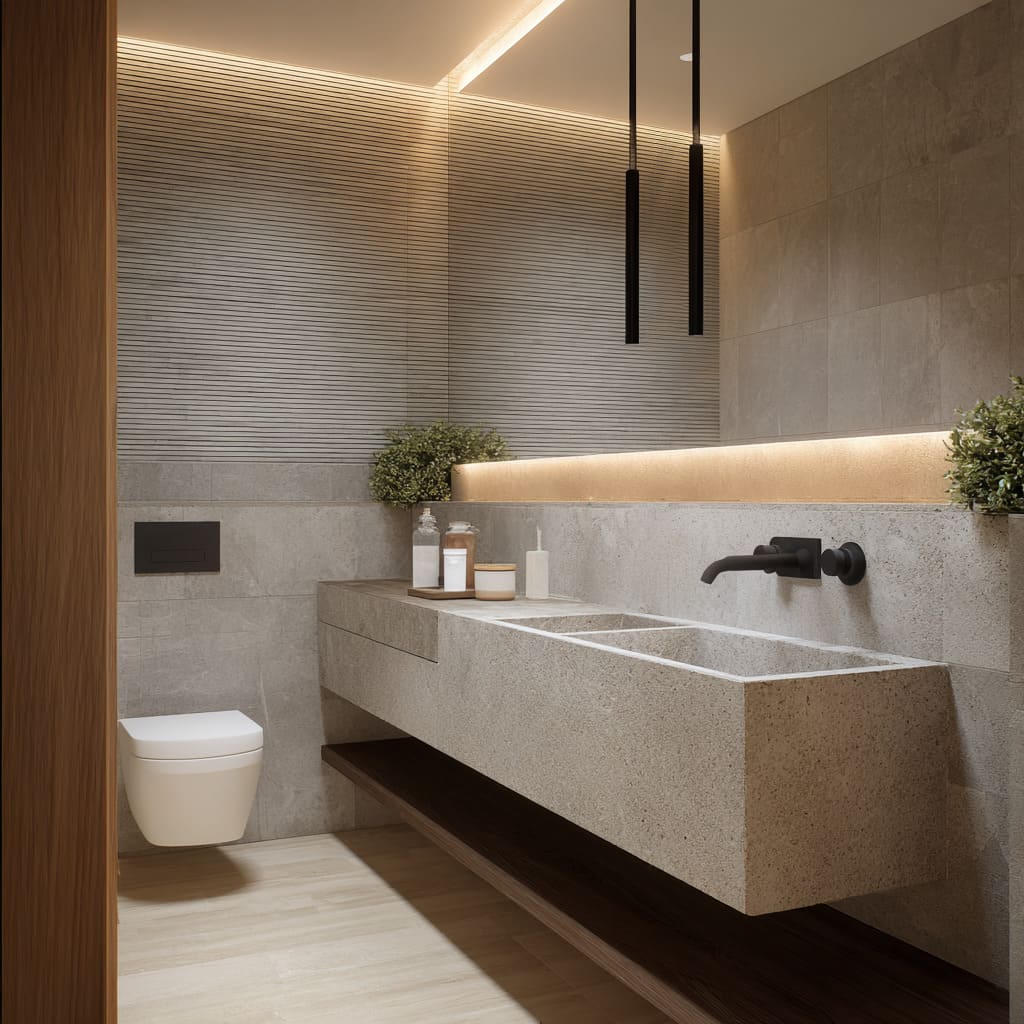 Long bathroom concept with ribbed upper wall tiles, smooth grey slabs below, a full-length stone ledge with warm LED lighting