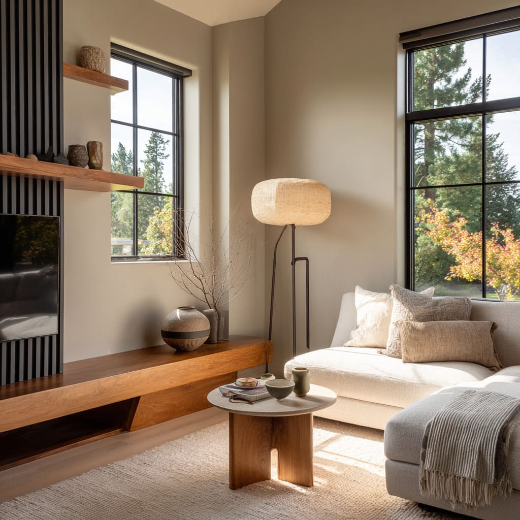 Long bench behind sofa turning into small shelf zone layout, oak shelves in slatted wall, neutral ceramics, slender floor lamp Long bench behind sofa turning into small shelf zone layout, oak shelves in slatted wall, neutral ceramics, slender floor lamp
