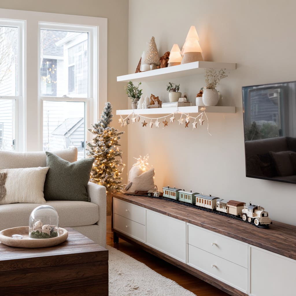 Long media wall styling with a wooden console, miniature Christmas train, glowing ceramic trees, tiny village pieces on floating shelves Long media wall styling with a wooden console, miniature Christmas train, glowing ceramic trees, tiny village pieces on floating shelves