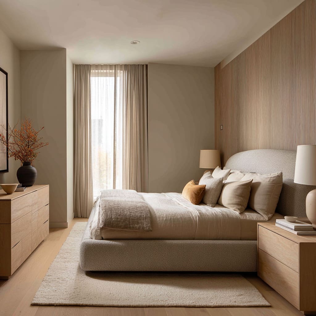 Long sand bedroom design with vertical caramel wood slats, boucle platform bed, soft textured bedding, oak nightstands Long sand bedroom design with vertical caramel wood slats, boucle platform bed, soft textured bedding, oak nightstands