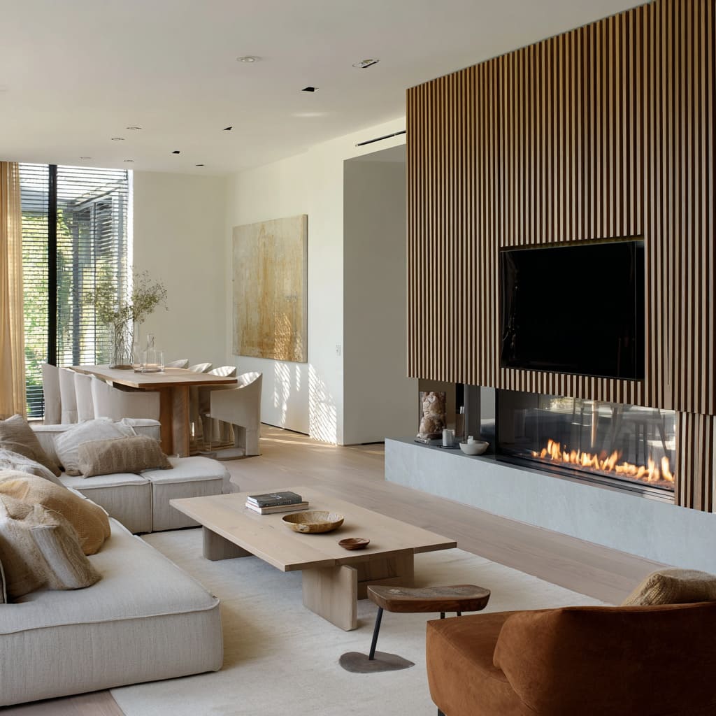 Long slatted feature wall, concrete hearth, rust accent chair, pale sectional, and ribbed rug Long slatted feature wall, concrete hearth, rust accent chair, pale sectional, and ribbed rug