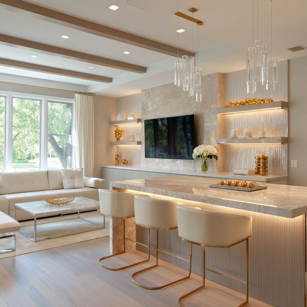 Loungeliving room design with mica-stone TV wall, rippled glass silver shelves, brass stool and pendant accents Loungeliving room design with mica-stone TV wall, rippled glass silver shelves, brass stool and pendant accents