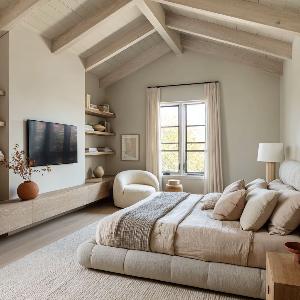 Lovely greige-sand bedroom design with driftwood beams, channel-tufted bed base, neutral layered bedding, floating oak console Lovely greige-sand bedroom design with driftwood beams, channel-tufted bed base, neutral layered bedding, floating oak console