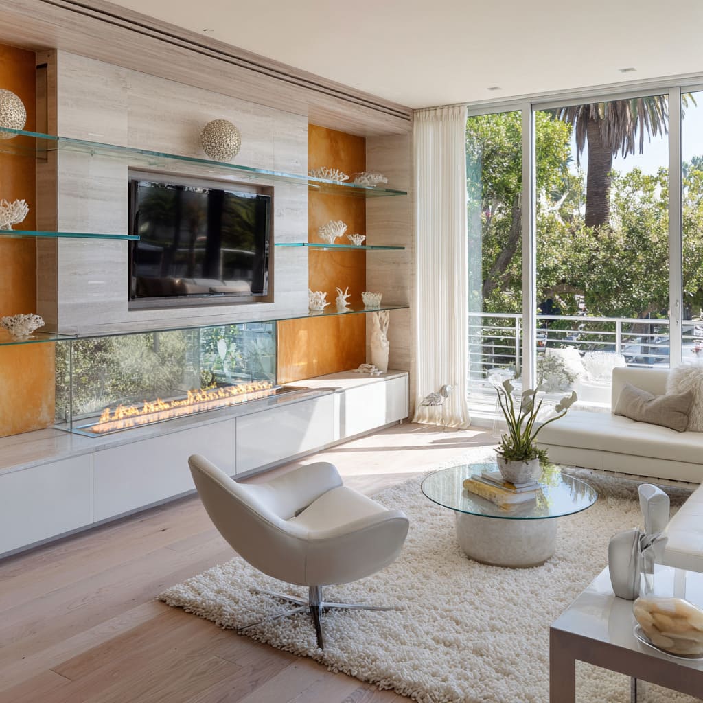 Luxe coastal modern living room ideas with travertine, amber niche panels, clear glass shelves, chrome tulip chair Luxe coastal modern living room ideas with travertine, amber niche panels, clear glass shelves, chrome tulip chair