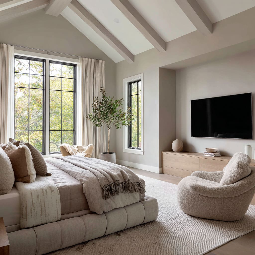 Luxe greige-sand vaulted bedroom design with pale beams, black framed windows, channel-tufted bed, soft layered bedding, boucle lounge chair Luxe greige-sand vaulted bedroom design with pale beams, black framed windows, channel-tufted bed, soft layered bedding, boucle lounge chair