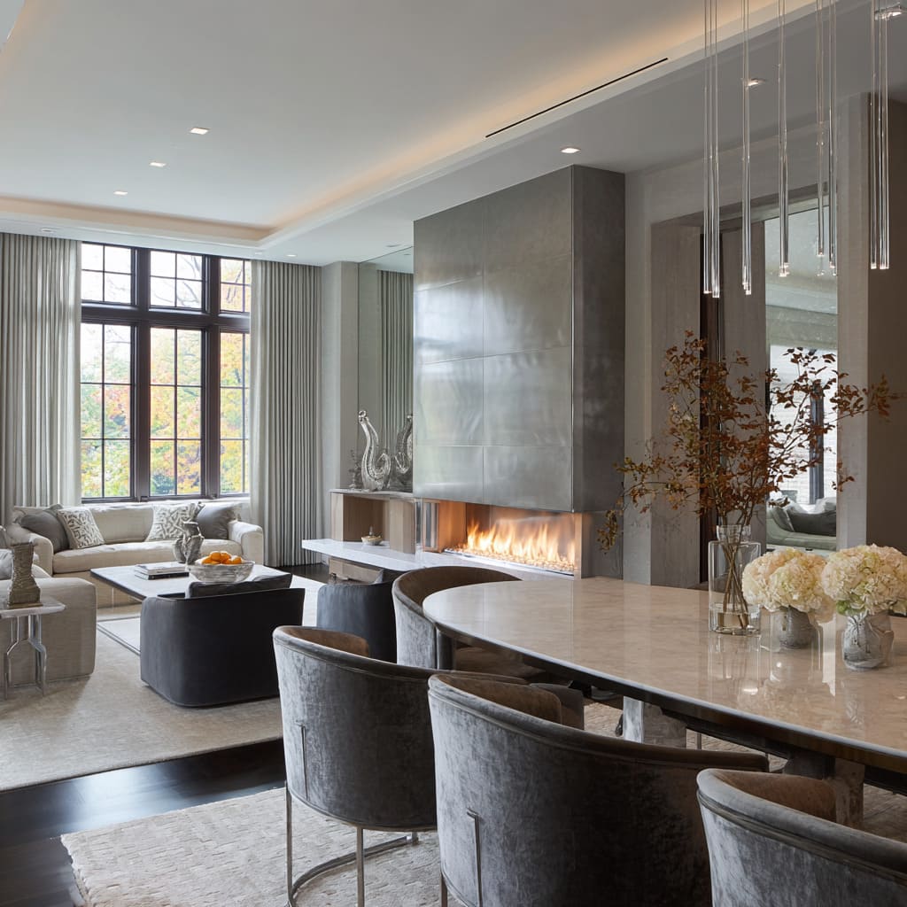 Luxe open silver and grey living–dining room ideas Luxe open silver and grey living–dining room ideas