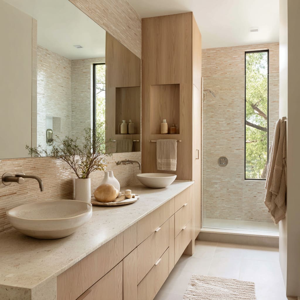 Luxe sand bathroom design with mosaic backsplash and warm timber storage tower Luxe sand bathroom design with mosaic backsplash and warm timber storage tower
