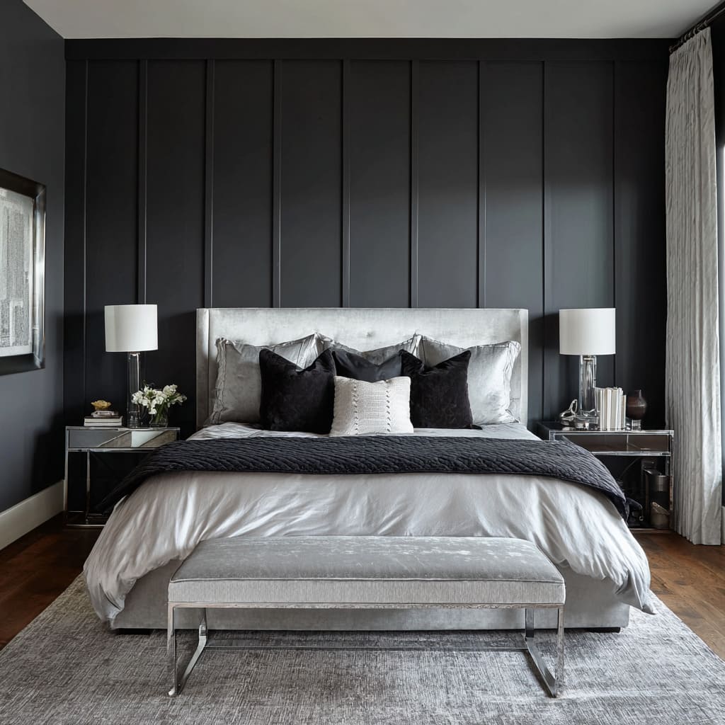 Luxurious black and silver bedroom ideas with charcoal batten wall, silver padded bed, mirrored tables Luxurious black and silver bedroom ideas with charcoal batten wall, silver padded bed, mirrored tables