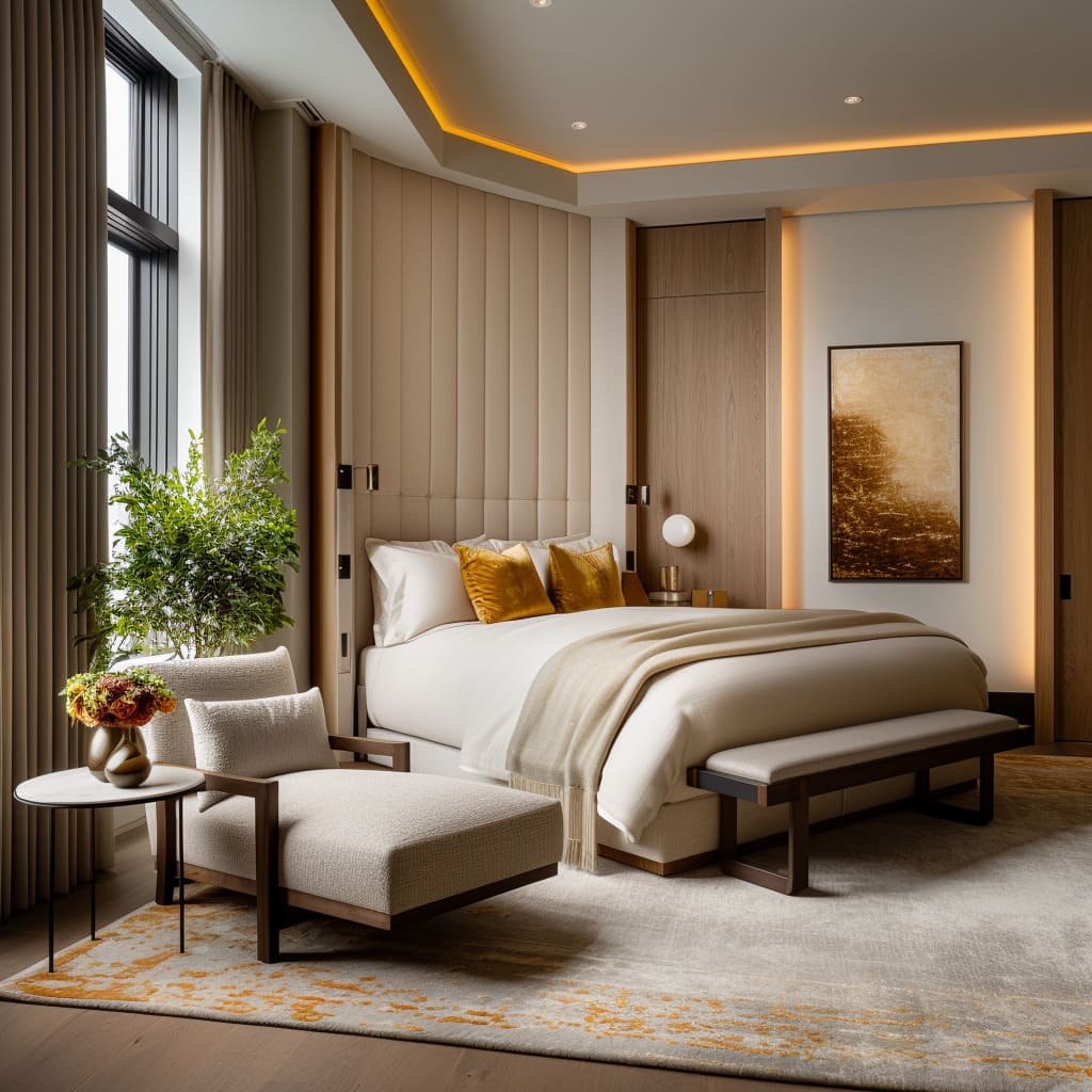 Luxury bed angled into corner with slim ledge behind headboard, soft vertical light reveals, curved stool at foot