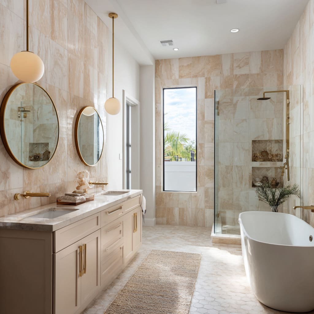 Master bathroom interior design with a free-standing bathtub Master bathroom interior design with a free-standing bathtub