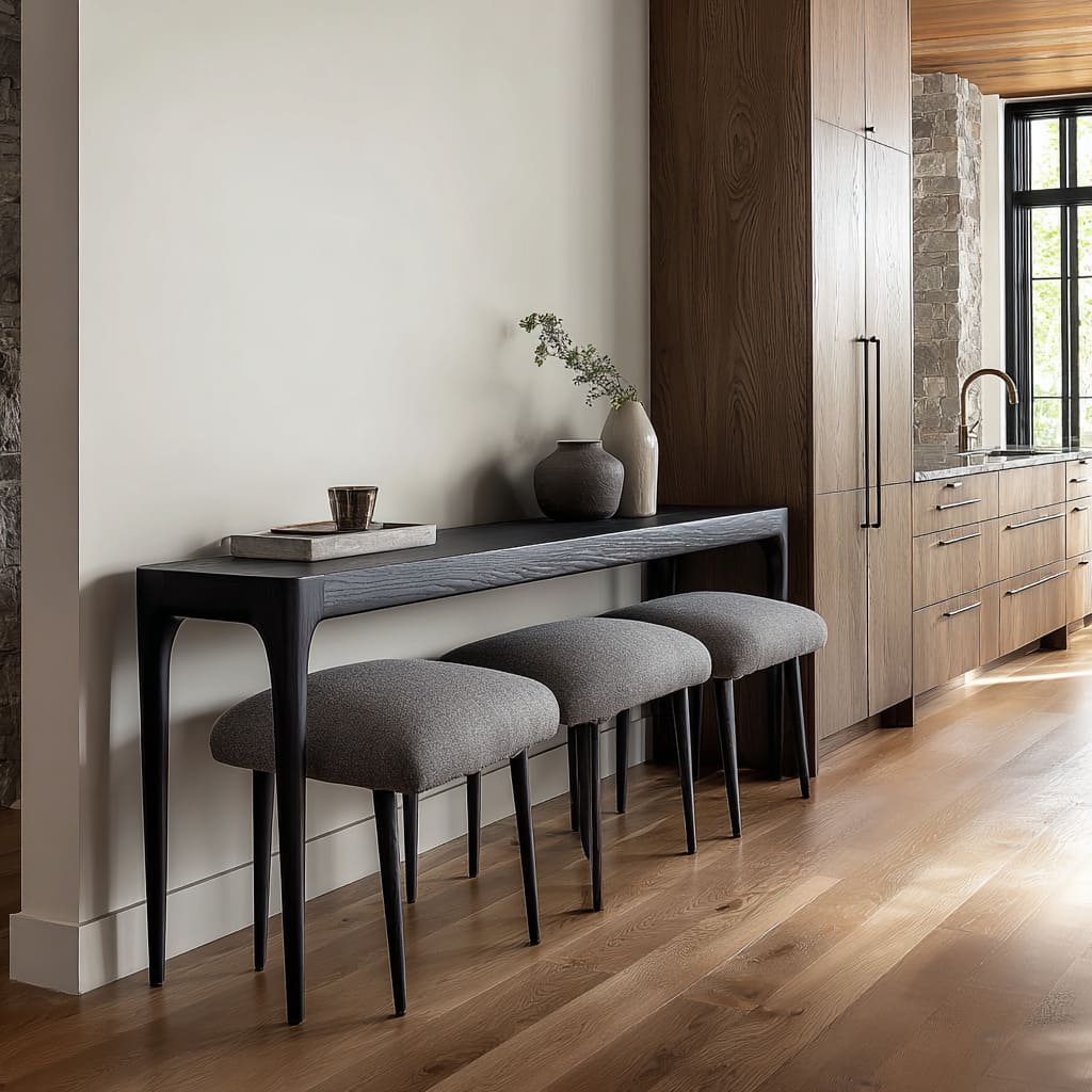 Matte black console idea used as a hospitality rail along a wall, paired with rounded grey stools, gentle curved edges Matte black console idea used as a hospitality rail along a wall, paired with rounded grey stools, gentle curved edges