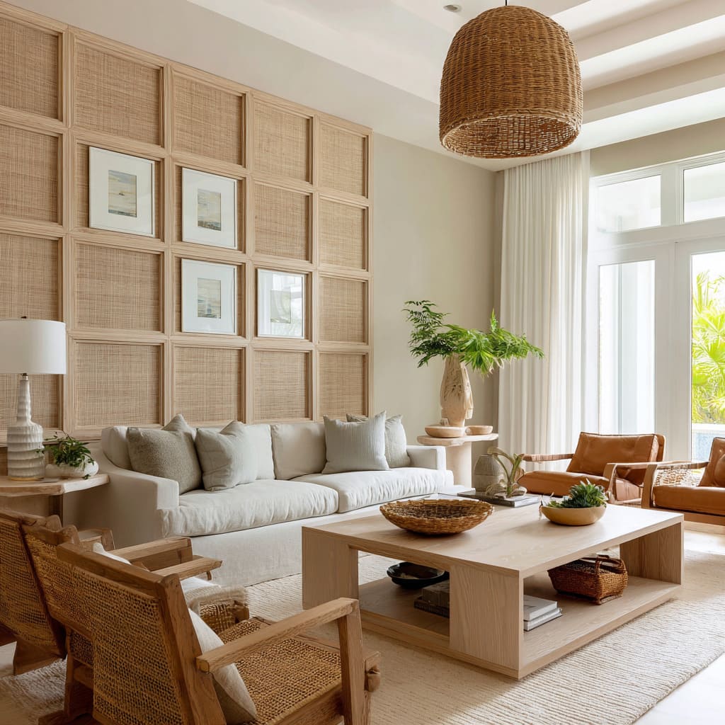 Matte black grid panel wall design with oversized squares, heavy black ceiling beams, warm-tone artwork Matte black grid panel wall design with oversized squares, heavy black ceiling beams, warm-tone artwork