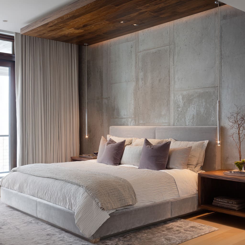 Dormitorio en púrpura mate y plata con pared de paneles de concreto, dosel de nogal y cojines malva. Dormitorio en púrpura mate y plata con pared de paneles de concreto, dosel de nogal y cojines malva.