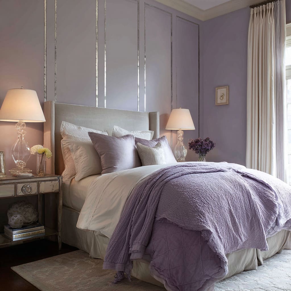 Dormitorio en malva y plata con incrustaciones de paneles espejados, lámparas de cristal, manta lila y cortinas marfil aireadas. Dormitorio en malva y plata con incrustaciones de paneles espejados, lámparas de cristal, manta lila y cortinas marfil aireadas.