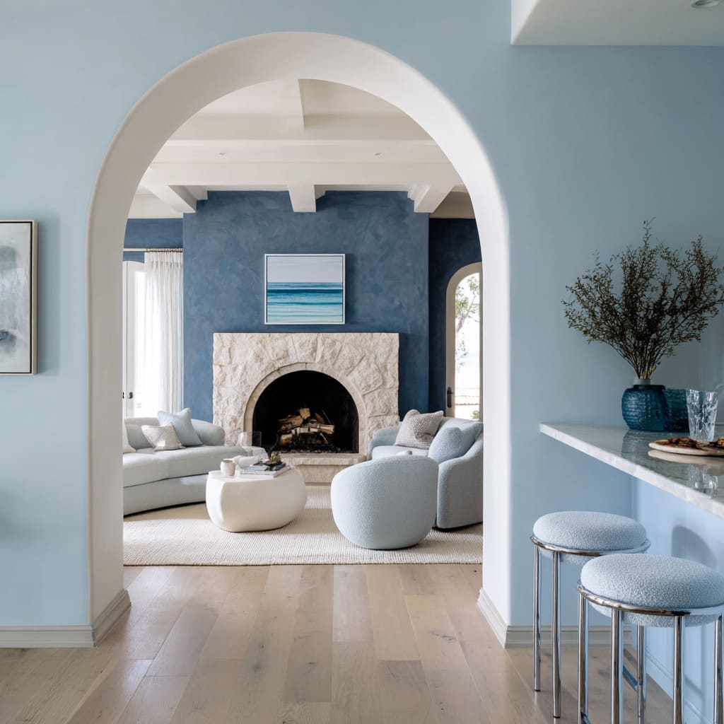 Mediterranean-style blue and silver living room design with powder and denim-blue walls Mediterranean-style blue and silver living room design with powder and denim-blue walls