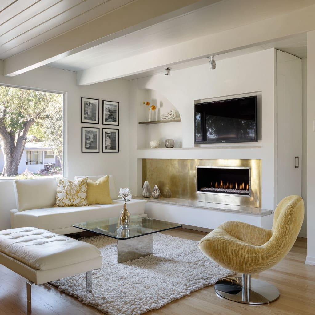 Mid-century inspired gold and silver living room design with hammered brass fireplace niche, stainless trim, mustard accent chair Mid-century inspired gold and silver living room design with hammered brass fireplace niche, stainless trim, mustard accent chair
