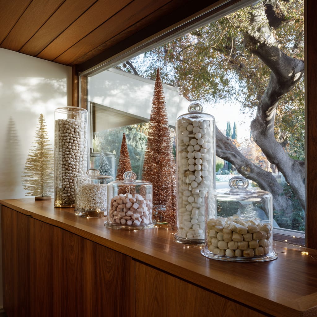 Ledge de ventana estilo mid-century con frascos de vidrio llenos de dulces blancos y arbolitos en rosa dorado, mezclando un tema divertido con geometría refinada. Ledge de ventana estilo mid-century con frascos de vidrio llenos de dulces blancos y arbolitos en rosa dorado, mezclando un tema divertido con geometría refinada.