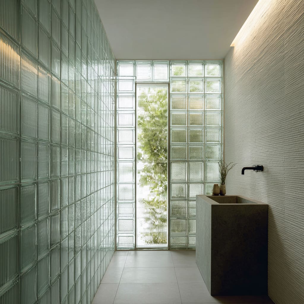 Minimal bathroom concept with a floor-to-ceiling sea-glass-toned glass block wall, a monolithic stone basin on a ribbed horizontal tile backdrop Minimal bathroom concept with a floor-to-ceiling sea-glass-toned glass block wall, a monolithic stone basin on a ribbed horizontal tile backdrop
