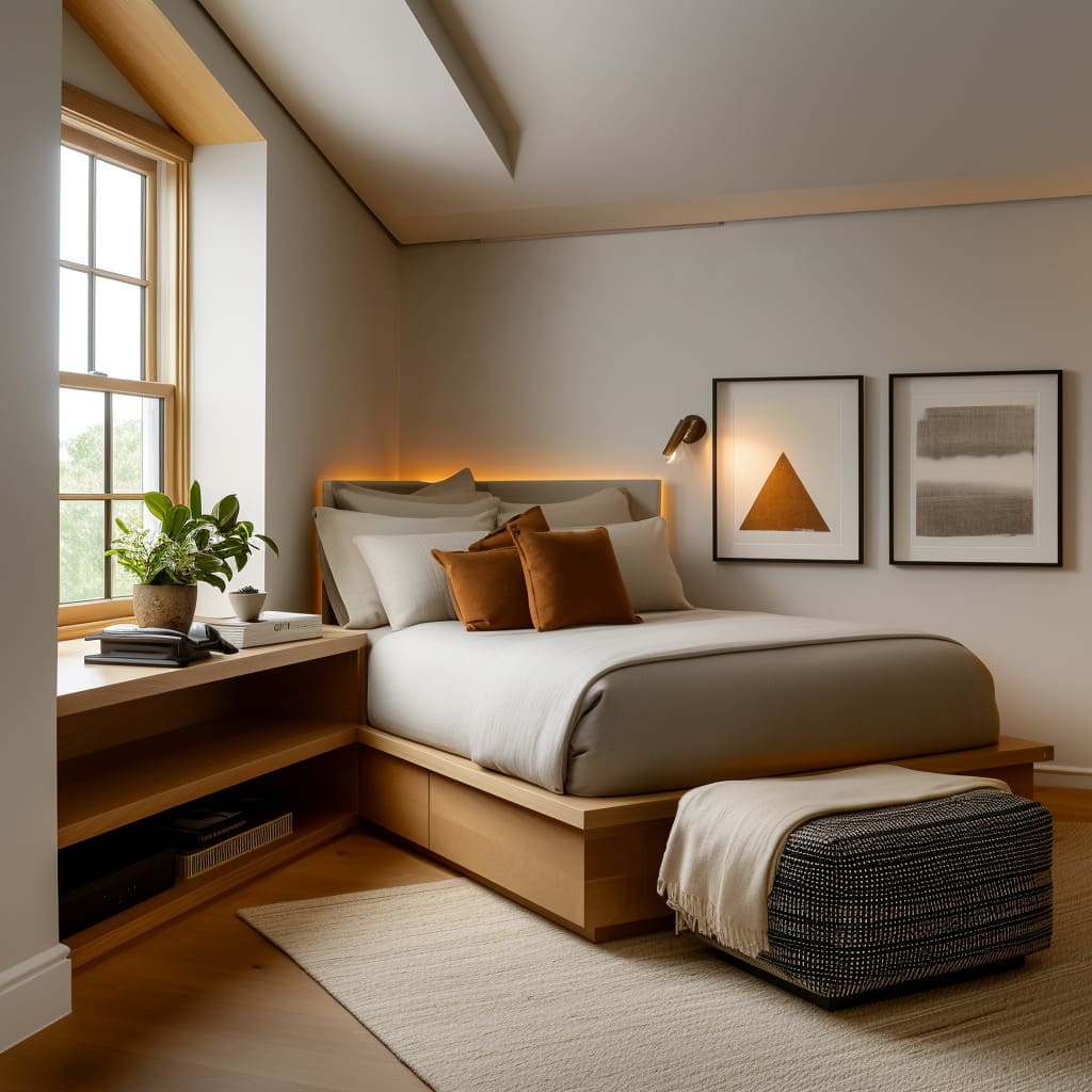 Minimal corner bed design with continuous wood ledge, tiny step night perch, flush window jamb Minimal corner bed design with continuous wood ledge, tiny step night perch, flush window jamb