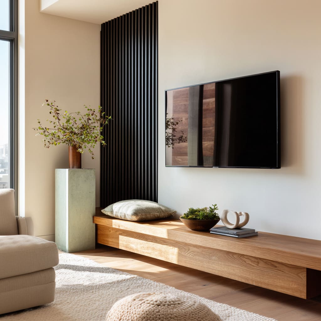 Minimal corner ideas with pale oak bench meeting black ribbed panel, pedestal plant, low styling pieces, knitted pouf Minimal corner ideas with pale oak bench meeting black ribbed panel, pedestal plant, low styling pieces, knitted pouf