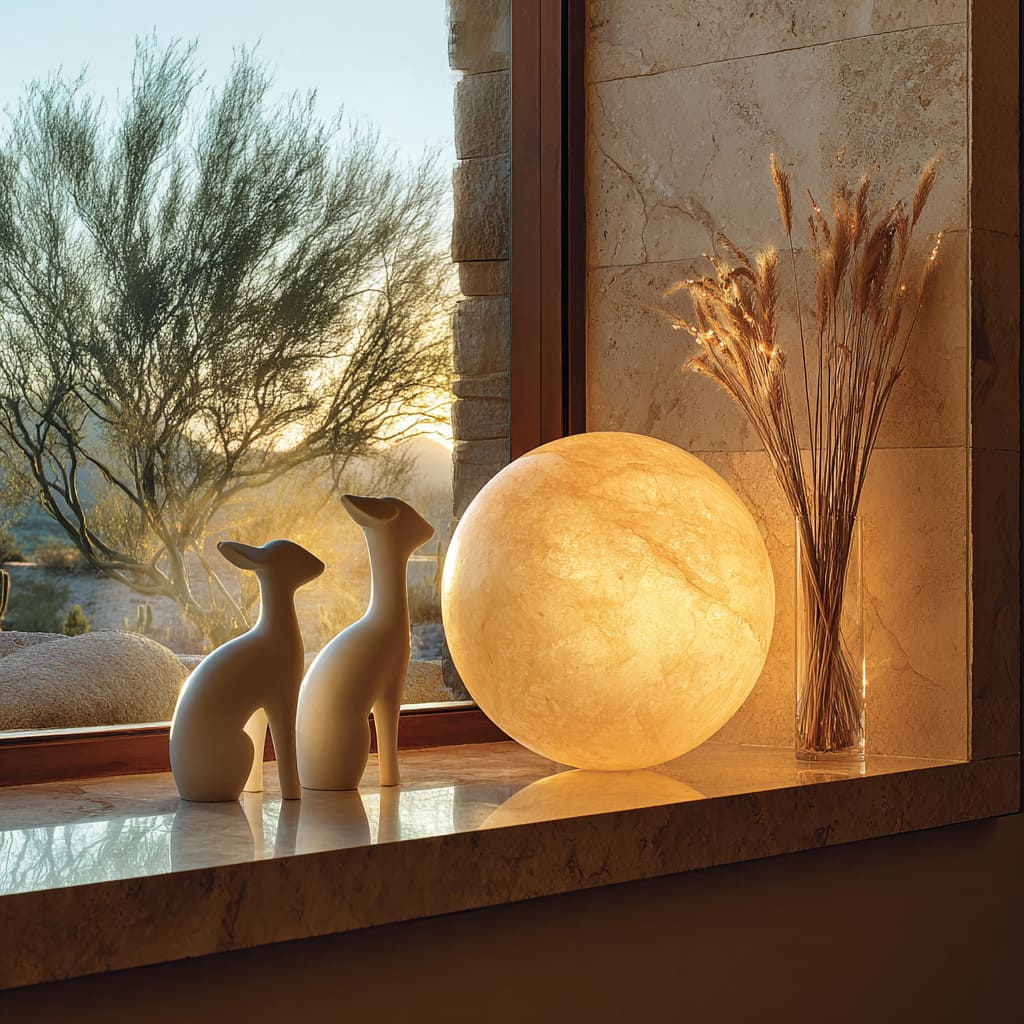 Nichos en piedra desértica minimalista con globo de alabastro iluminado, figuras animales de porcelana y hierbas secas para un escenario navideño escultórico y moderno. Nichos en piedra desértica minimalista con globo de alabastro iluminado, figuras animales de porcelana y hierbas secas para un escenario navideño escultórico y moderno.