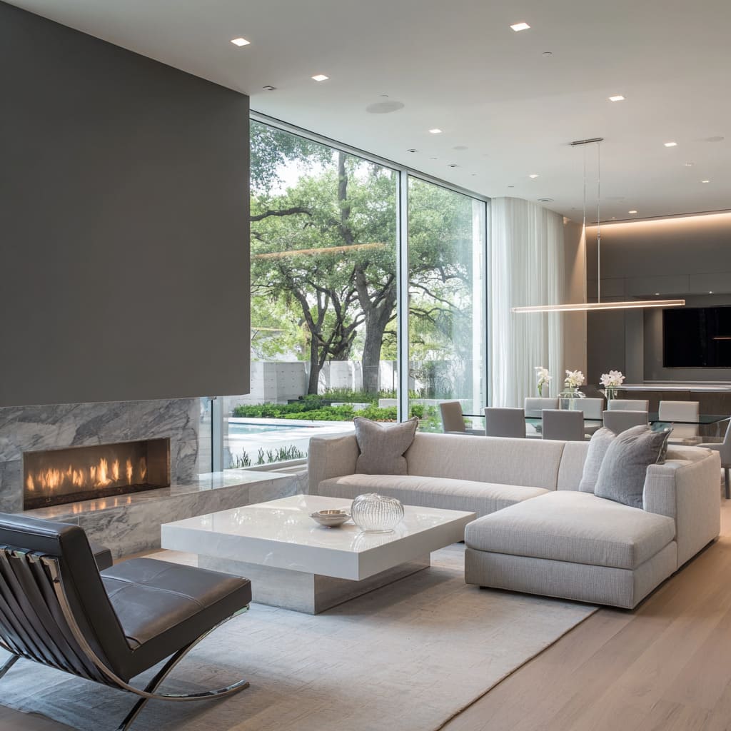 Minimal modern silver-grey living room ideas with graphite wall and pale sectional Minimal modern silver-grey living room ideas with graphite wall and pale sectional