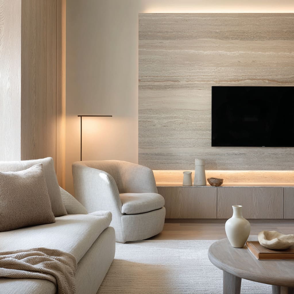 Minimal sand color living room design with vein-cut stone feature wall, floating media cabinet, boucle armchair, soft sand sofa