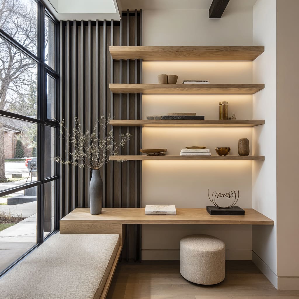 Minimal shelves with ribbed screen, under-shelf light, desk-height ledge, stool tucked under, and calm clean styling Minimal shelves with ribbed screen, under-shelf light, desk-height ledge, stool tucked under, and calm clean styling