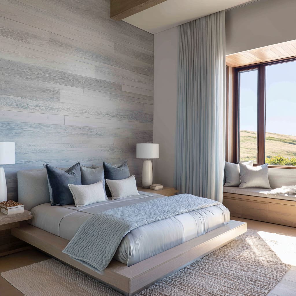 Minimal silver-washed plank wall and mist-blue bedding in a horizon-style spa-quiet suite Minimal silver-washed plank wall and mist-blue bedding in a horizon-style spa-quiet suite