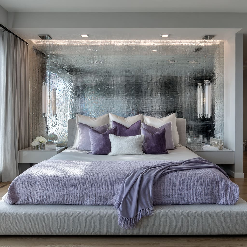 Dormitorio plateado y púrpura con pared de cabecero en mosaico, colcha lavanda y colgantes delgados. Dormitorio plateado y púrpura con pared de cabecero en mosaico, colcha lavanda y colgantes delgados.