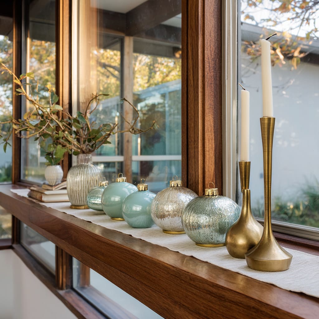 Ideas modernas para repisas navideñas con repisa de nogal decorada con adornos de vidrio menta y esferas de mercurio. Ideas modernas para repisas navideñas con repisa de nogal decorada con adornos de vidrio menta y esferas de mercurio.