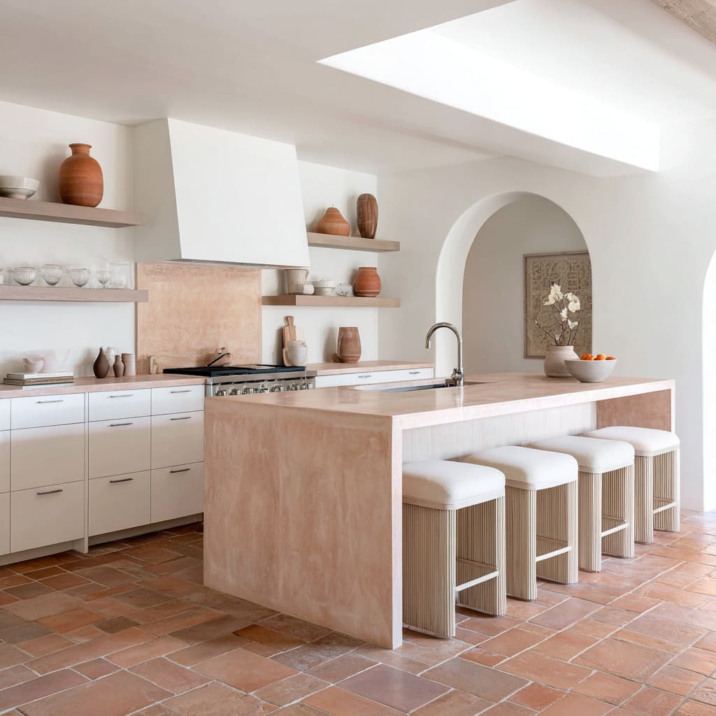 Modern Mediterranean white and terracotta kitchen design with varied clay floor tiles, clay-toned wrapped island and backsplash panel