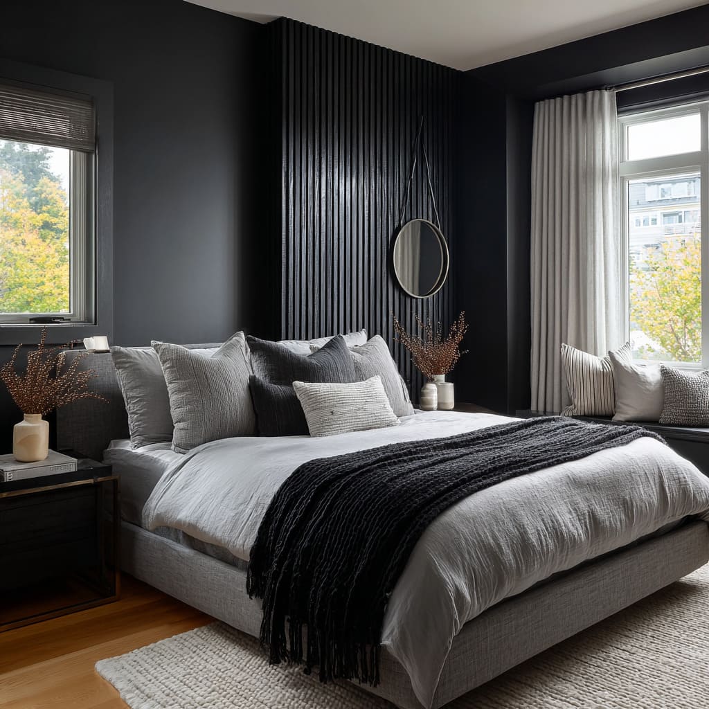 Modern black and silver bedroom setup with ribbed corner slat wall, off-center mirror, layered grey bedding Modern black and silver bedroom setup with ribbed corner slat wall, off-center mirror, layered grey bedding