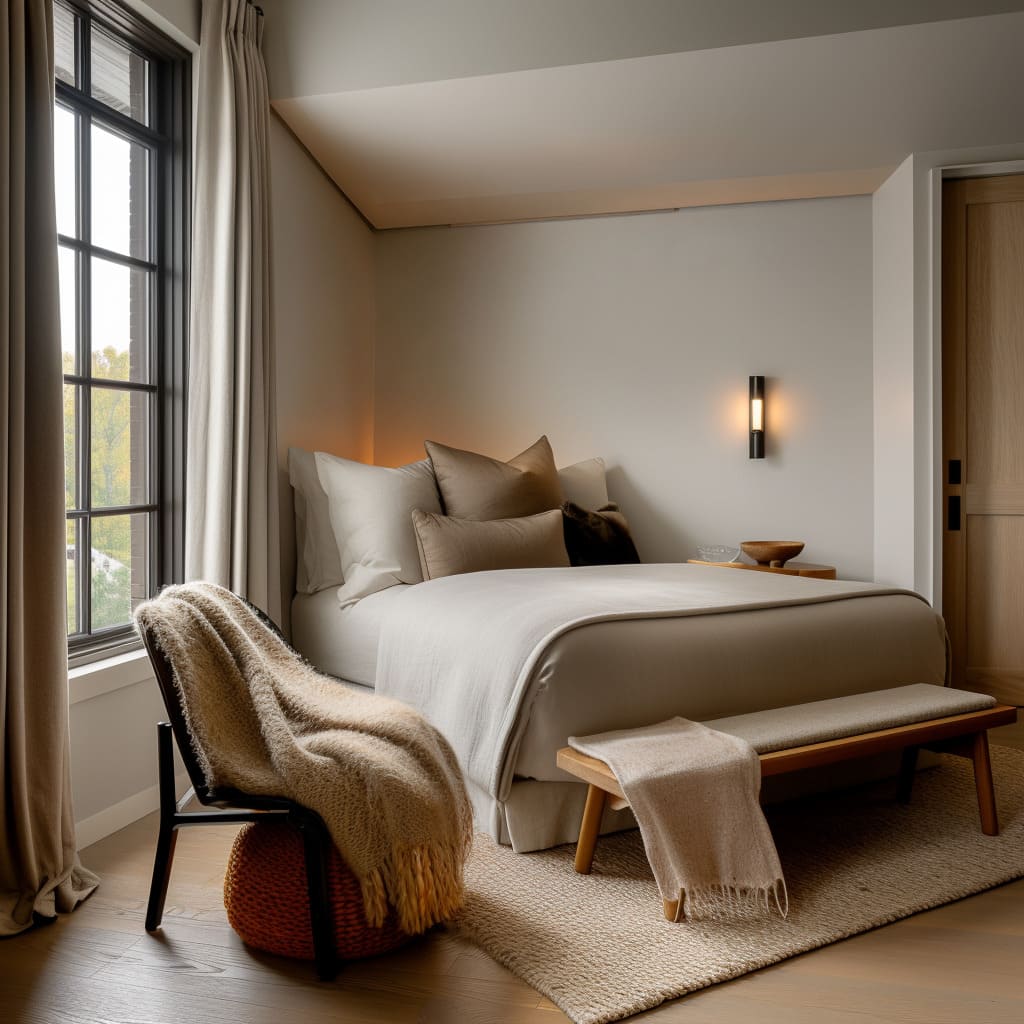 Modern corner bed concept in shallow alcove with floating headboard halo, slim vertical sconce, rounded bench Modern corner bed concept in shallow alcove with floating headboard halo, slim vertical sconce, rounded bench