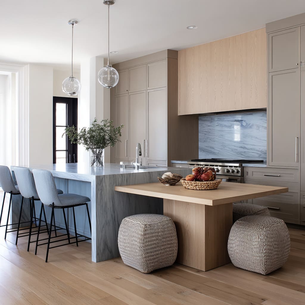 Modern kitchen concept with a blue-gray stone island and a pale oak square dining table, powder-blue stools Modern kitchen concept with a blue-gray stone island and a pale oak square dining table, powder-blue stools
