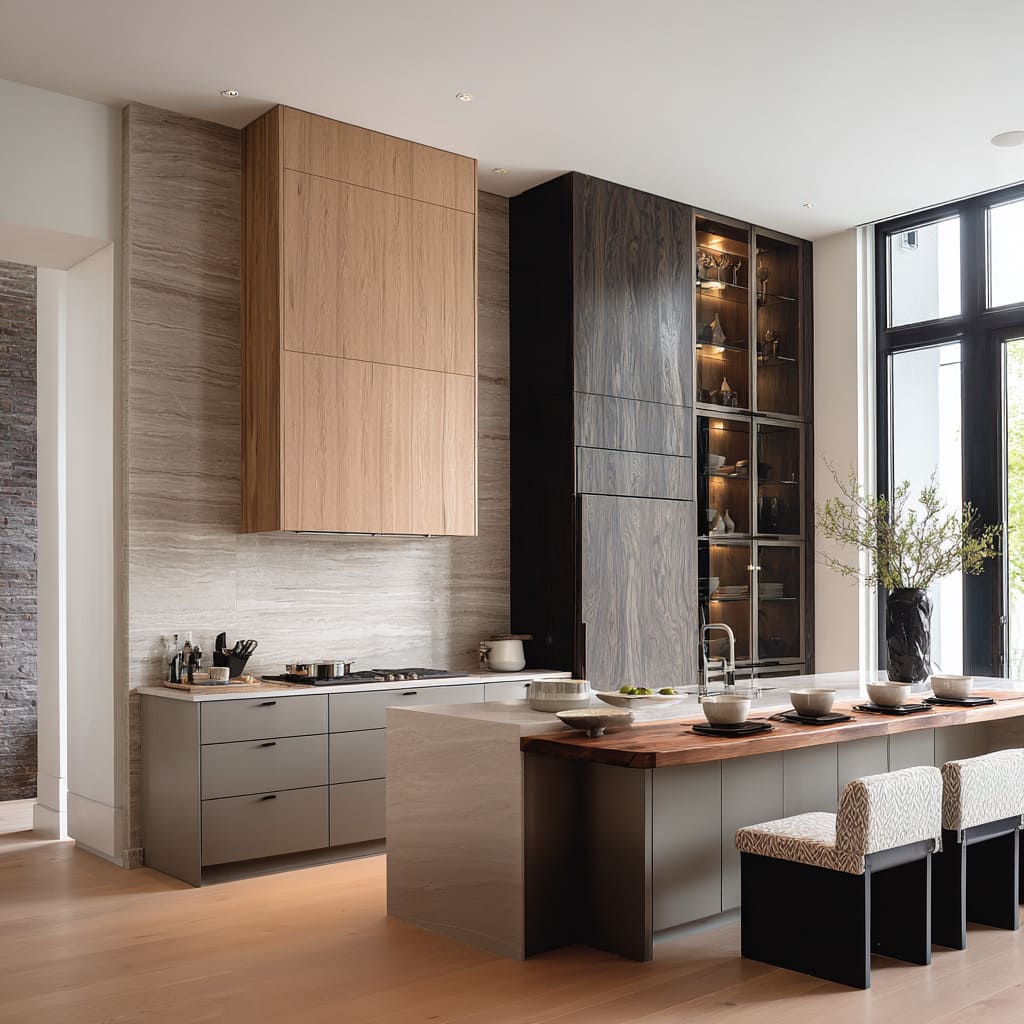 Modern kitchen design with a pale travertine island and a slim walnut console extension, featuring tweed benches Modern kitchen design with a pale travertine island and a slim walnut console extension, featuring tweed benches
