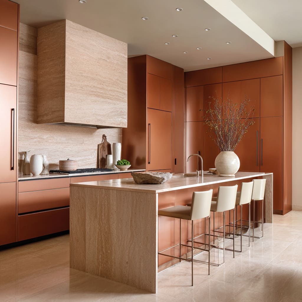 Modern kitchen design with rich copper-terracotta cabinets and seamless stone floor in honeyed beige Modern kitchen design with rich copper-terracotta cabinets and seamless stone floor in honeyed beige