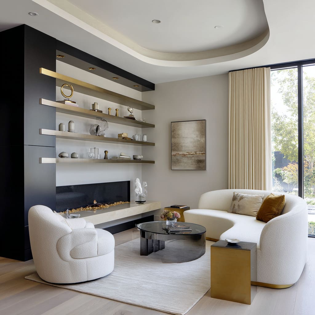 Modern living room concept with gradient gold-to-pewter floating shelves, ribbed drapery, crescent white seating Modern living room concept with gradient gold-to-pewter floating shelves, ribbed drapery, crescent white seating
