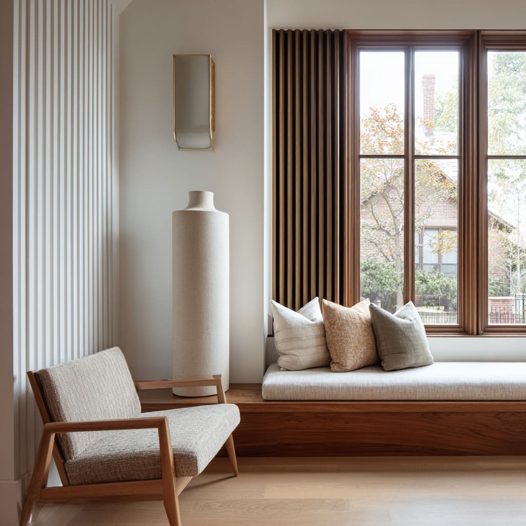 Modern living room corner concept with low walnut bench turning the window, pale cushion, stone vase Modern living room corner concept with low walnut bench turning the window, pale cushion, stone vase