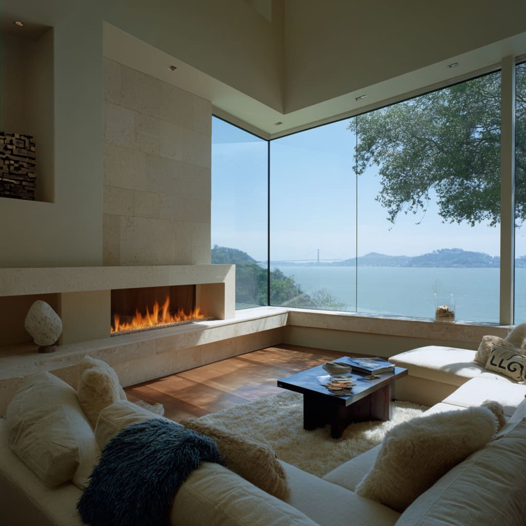 Sala moderna con chimenea lineal baja en esquina, pared de piedra caliza, sofá hundido y alfombra tipo shaggy Sala moderna con chimenea lineal baja en esquina, pared de piedra caliza, sofá hundido y alfombra tipo shaggy