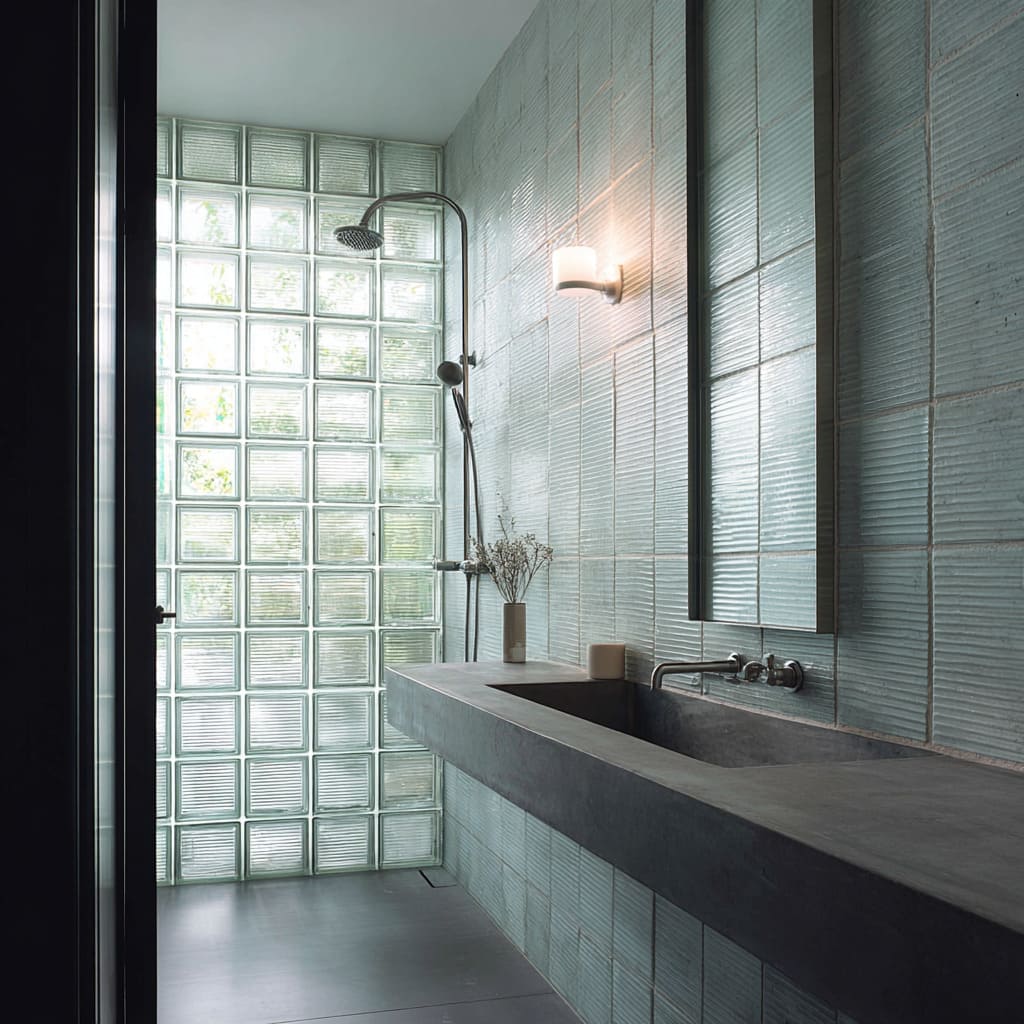 Modern narrow wet-room bathroom design with a tall green-tinted glass block shower wall, ribbed vertical tiles, floating concrete vanity Modern narrow wet-room bathroom design with a tall green-tinted glass block shower wall, ribbed vertical tiles, floating concrete vanity