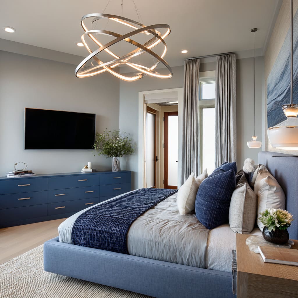 Modern navy and silver bedroom arrangment with LED ring chandelier, blue platform bed, and brushed metal accents Modern navy and silver bedroom arrangment with LED ring chandelier, blue platform bed, and brushed metal accents