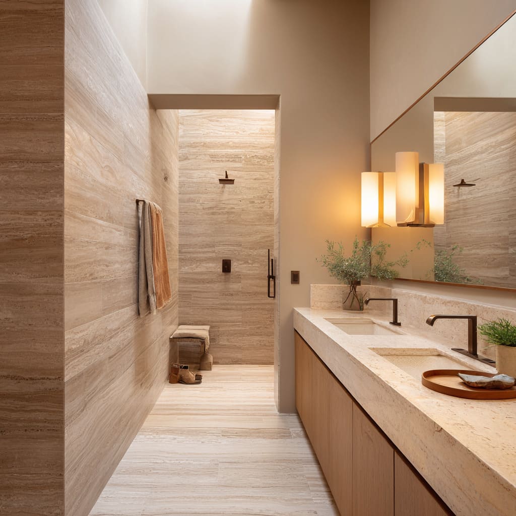 Modern sand bathroom ideas with full travertine shell and glowing lantern sconces Modern sand bathroom ideas with full travertine shell and glowing lantern sconces
