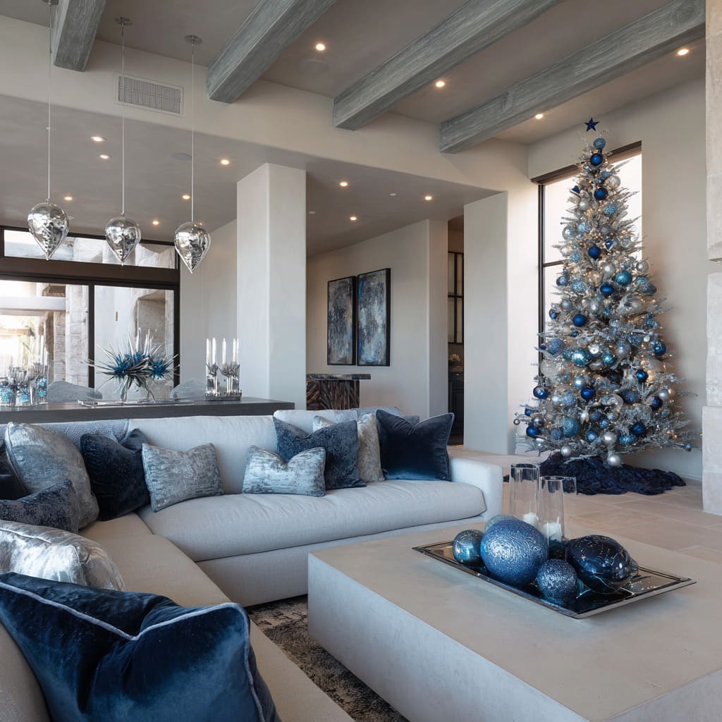 Modern silver Christmas tree ideas, blue and silver ornaments, mirrored tray with blue spheres Modern silver Christmas tree ideas, blue and silver ornaments, mirrored tray with blue spheres