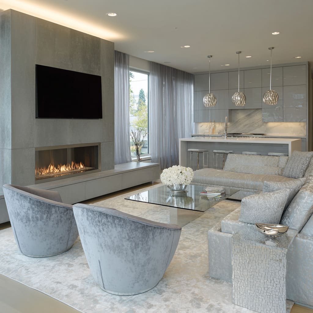 Modern silver and grey living room design with long concrete-look fireplace wall Modern silver and grey living room design with long concrete-look fireplace wall