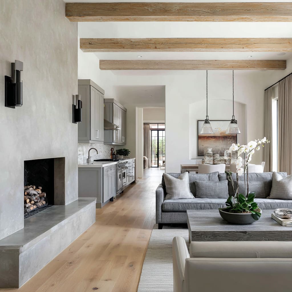 Modern transitional living room layout with a shaker grey kitchen Modern transitional living room layout with a shaker grey kitchen