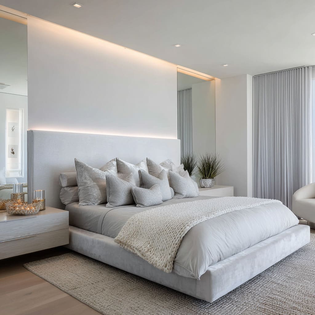 Modern white bedroom ideas with a horizontal light ribbon above a platform bed and tall mirrors reflecting satin silver textures