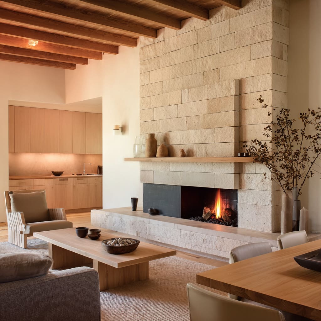 Monumental stone fireplace design with cedar beams, neutral seating, ribbed rug, and tall branches Monumental stone fireplace design with cedar beams, neutral seating, ribbed rug, and tall branches