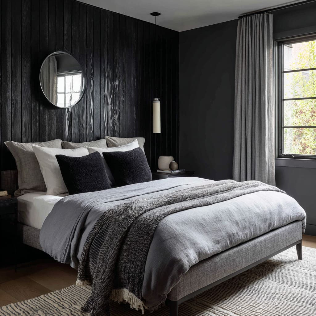 Moody black and silver bedroom concept with vertical black shiplap wall, silver-grey bedding, round mirror Moody black and silver bedroom concept with vertical black shiplap wall, silver-grey bedding, round mirror